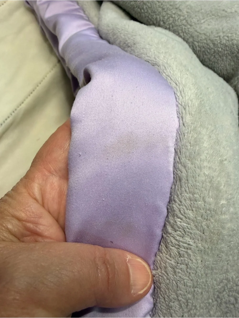 Wendy Bellissimo Gray Plush Baby Blanket with Lavender Satin Edge